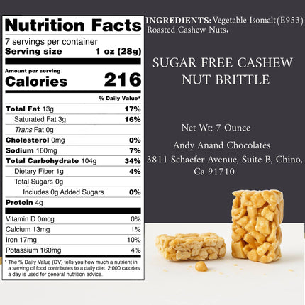 Andy Anand Sugar Free Cashew Brittle - 7 Oz Decadent Treats to Satisfy Your Cravings, Healthy Cashew Brittle Without Added Sugar