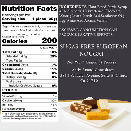 Andy Anand Sugar Free Nougat Assortment, Gluten Free - 4 Delicious Flavors of Soft Almond European Nougat with a Creamy Feel | Gluten Free, Creamy Texture - Gourmet Treat Made in Europe (8 Pcs 7 Oz)