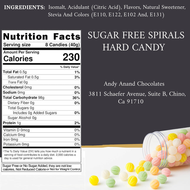 Andy Anand 220 Pc Sugar Free Spiral Candy - Hard Candy Spirals, Sweetened With Stevia. The Assortment Contains Five Flavors, Made in Spain, Stevia Candy - A Delicious and Healthy Treat 7 Oz