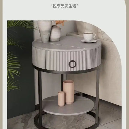 CelesteRound Modern Slate Nightstand – Minimalist Luxury Metal Side Table with Drawer for Bedroom & Living Elegance