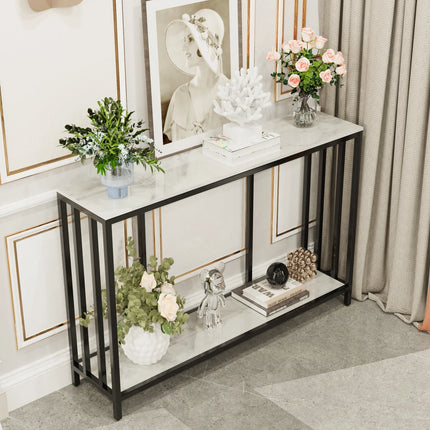 The House Of Bonney 47.2” Modern Sintered Stone Console Table – White Marble Entryway Table With Black Metal Base