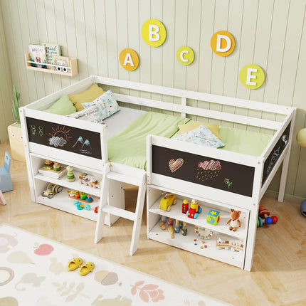 Homasis Twin Low Loft Bed With Ramp Ladder & Built-In Bookcases