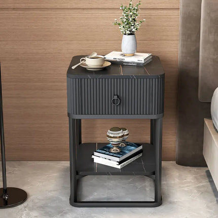 CelesteRound Modern Slate Nightstand – Minimalist Luxury Metal Side Table with Drawer for Bedroom & Living Elegance