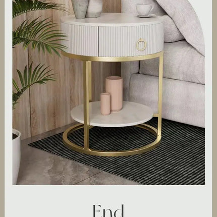 CelesteRound Modern Slate Nightstand – Minimalist Luxury Metal Side Table with Drawer for Bedroom & Living Elegance