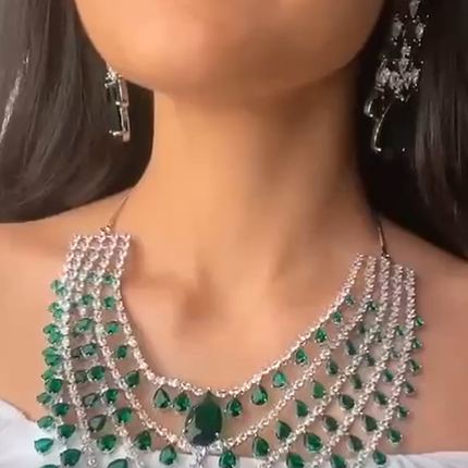 Designer 5 Layers Green and Silver Antique Necklace Set