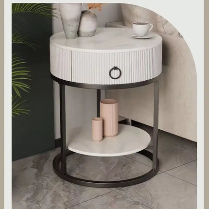 CelesteRound Modern Slate Nightstand – Minimalist Luxury Metal Side Table with Drawer for Bedroom & Living Elegance