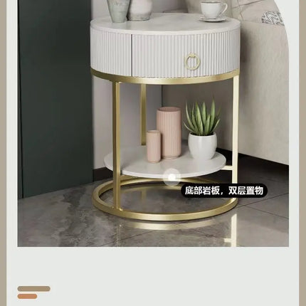 CelesteRound Modern Slate Nightstand – Minimalist Luxury Metal Side Table with Drawer for Bedroom & Living Elegance