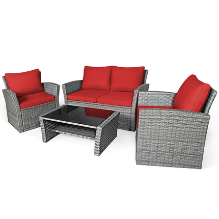 Maison Veranda: 4-Piece Rattan Conversation Set with Storage Coffee Table & Red Cushions