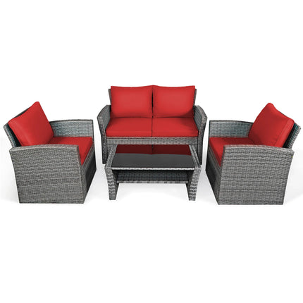 Maison Veranda: 4-Piece Rattan Conversation Set with Storage Coffee Table & Red Cushions