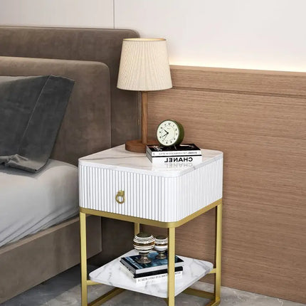 CelesteRound Modern Slate Nightstand – Minimalist Luxury Metal Side Table with Drawer for Bedroom & Living Elegance
