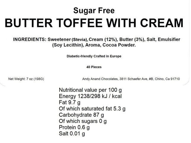 Andy Anand Chocolatier Sugar Free Butter Toffee Hard Candy With Cream Made in Europe Gluten Free, Mouthwatering Experience With Diabetic-friendly, Stevia Sweetened Candy (40 Pcs, 7 Oz)