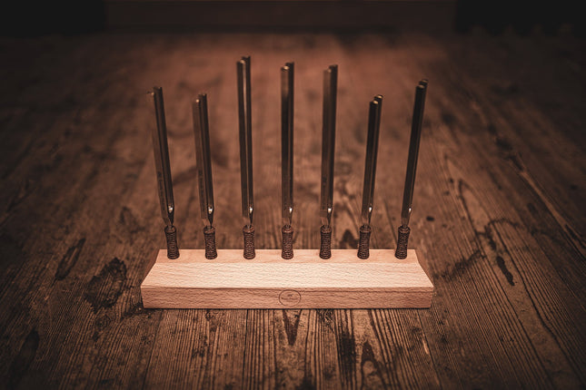 7-Piece Planetary Tuned Therapy Tuning Fork Chakra Set incl. Holder