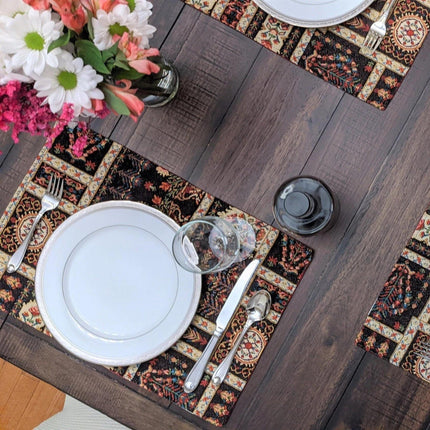 DaDalogy Bedding Set of 4-Pieces Dark Noir Mughal Floral Botanical Vintage Fleur Tapestry Placemats 13” x 19” (18197)