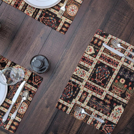 DaDalogy Bedding Set of 4-Pieces Dark Noir Mughal Floral Botanical Vintage Fleur Tapestry Placemats 13” x 19” (18197)