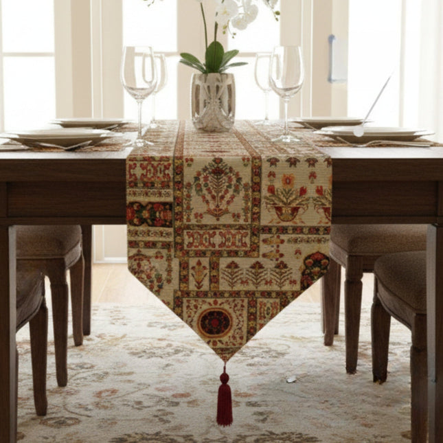 DaDalogy Bedding Cottage Mughal Floral Woven Tapestry Table Runner, Light Fleur White Botanical Vintage (18196)