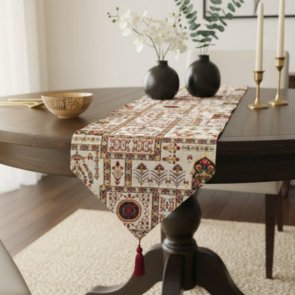 DaDalogy Bedding Cottage Mughal Floral Woven Tapestry Table Runner, Light Fleur White Botanical Vintage (18196)