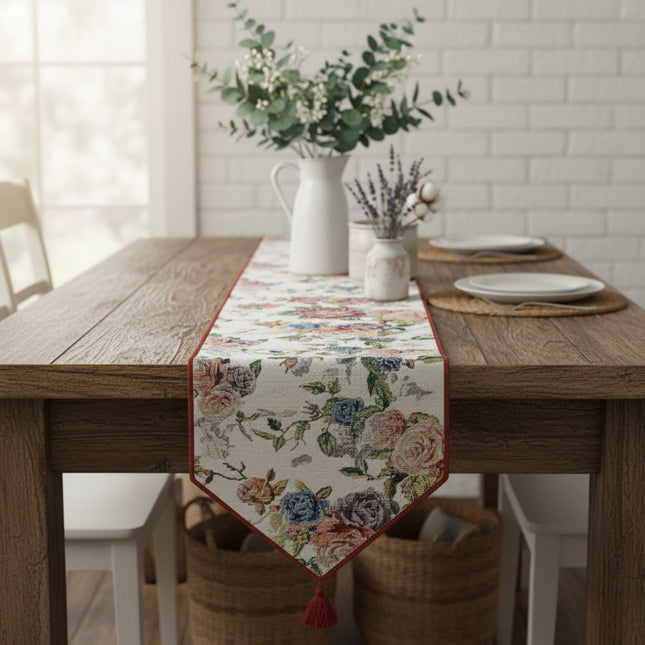 DaDa Bedding Vintage Romantic Roses Lovely Pink Floral Woven Tapestry Dining Table Runner (879)