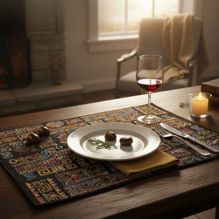 DaDa Bedding Set of 4-Pieces Ethnic Ornaments Geometric Black Tapestry Dining Placemats 13” x 19” (18118)