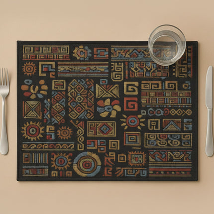 DaDa Bedding Set of 4-Pieces Ethnic Ornaments Geometric Black Tapestry Dining Placemats 13” x 19” (18118)
