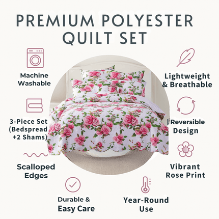 DaDa Bedding Romantic Roses Lovely Spring Pink Floral Quilted Scalloped Bedspread Set (JHW879)