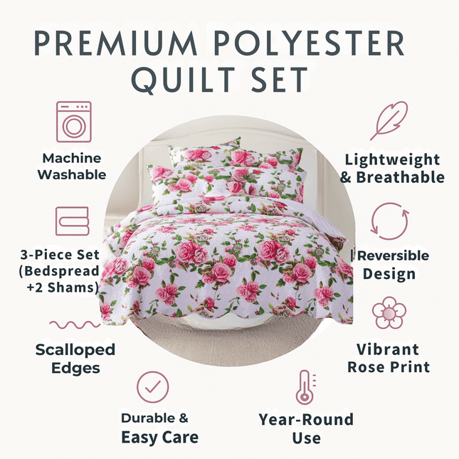 DaDa Bedding Romantic Roses Lovely Spring Pink Floral Quilted Scalloped Bedspread Set (JHW879)