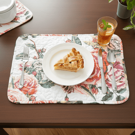 DaDa Bedding Set of 4-Pieces Romantic Roses Pink Floral Quilted Dining Placemats 13” x 19” (879)