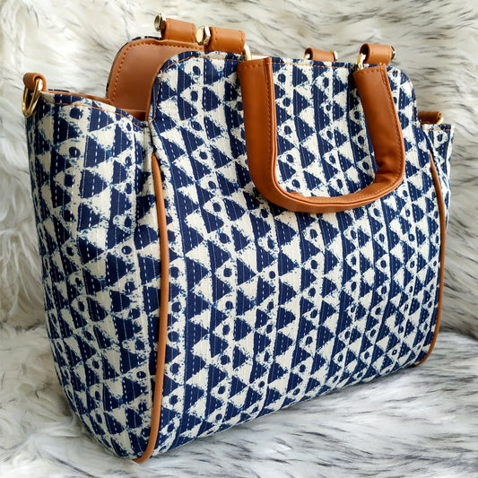 Indigo Geometric Block Print Handbag with Metal Handle