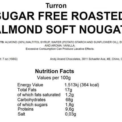 Andy Anand 36 Bite-Size Sugar Free Almond Nougat with roasted Almond Soft Nougat Candy Brittle, Traditional European Turron - A Delicious and Authentic Treat, Amazing Taste, 7 Oz