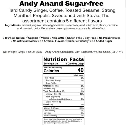 Andy Anand Sugar Free Hard Candy Variety Pack - Ginger, Coffee, Toasted Sesame, Menthol, Propolis - Stevia Sweetened - Gluten Free - | Perfect for Chocolate Lovers, Candy for Diabetics - (85 Ct 7 Oz)