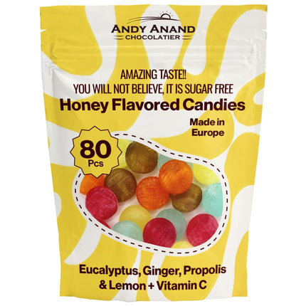 Andy Anand Sugar Free Honey Candies Dry Mouth Relief Drops – Honey Lemon Ginger with Propolis & Eucalyptus, Stevia Sweetened, Gluten Free, Keto Friendly, Low Calorie Hard Candy, Imported from Italy, 80 Pieces