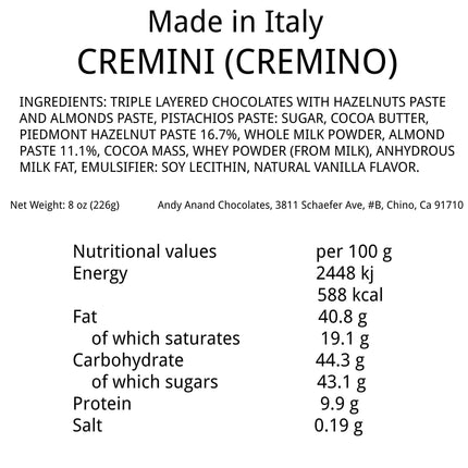 Andy Anand Gluten Free Cremino – 18-Piece Italian Chocolate Assortment, 2 Flavors, Crafted with 60% Cocoa Butter, 8 oz.