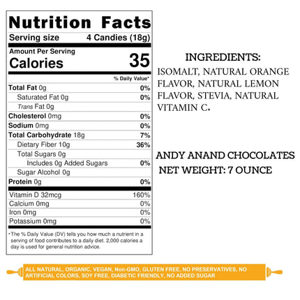 Andy Anand Delicious Sugar Free Fruity Orange & Lemon Flavors, Stevia Candy for Diabetics Irresistible Taste, European Imported Sugar Free Hard Candy - A Delicious Treat 7 Oz