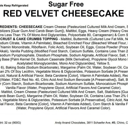 Andy Anand Deliciously Sugar Free Red Velvet Cheesecake - Homemade Style Best Cheese Cake Near Me For Celebrations & Dessert Lovers (2 lbs)