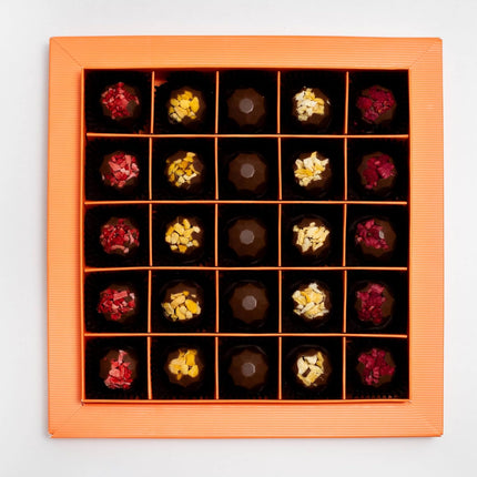 Andy Anand Belgian Chocolate Truffles – 25 Pcs Gift Box with Mango, Pistachio, Pineapple, Raspberry & Strawberry, Made with 60% Rich Belgian Chocolate – Decadent Gourmet Treats (8 Oz)