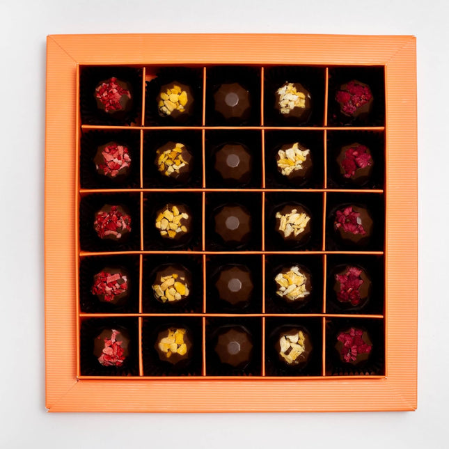 Andy Anand Belgian Chocolate Truffles – 25 Pcs Gift Box with Mango, Pistachio, Pineapple, Raspberry & Strawberry, Made with 60% Rich Belgian Chocolate – Decadent Gourmet Treats (8 Oz)