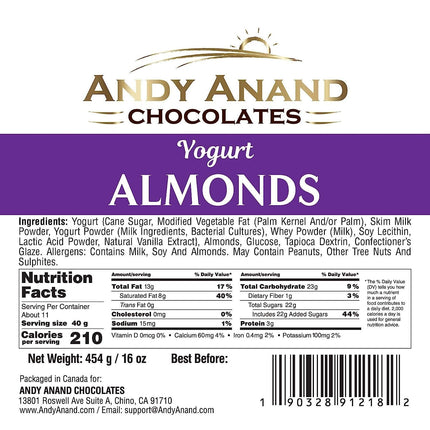 Andy Anand Premium California Greek Yogurt Almond Chocolate Gift Box – 1 lb, Decadent Chocolate Treats, 60% Cocoa Butter, Perfect for Special Occasions