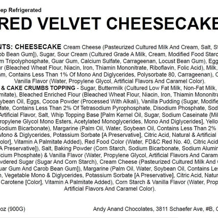 Andy Anand Red Velvet Cheesecake 9" Freshly Baked Classic Cheesecake - A Timeless Dessert for Any Occasion (2 lbs)