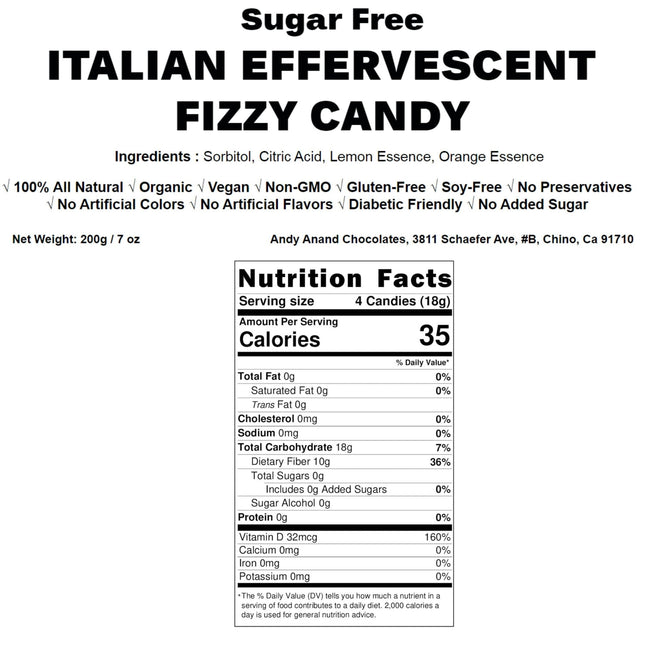 Andy Anand Sugar Free Fizzy candy Lemon & Orange Flavors: 300 Pcs, Italian candy, Effervescent, Delicious & Refreshing, Ideal for Keto, Vegan, Imported Candy 7 Oz