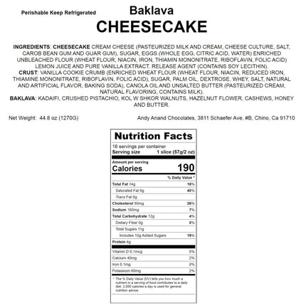 Andy Anand's Exquisite Baklava Cheesecake: Classic Cheese Cake: A Delicious Dessert Option for Any Occasion (9-inch, 2.8 lbs)
