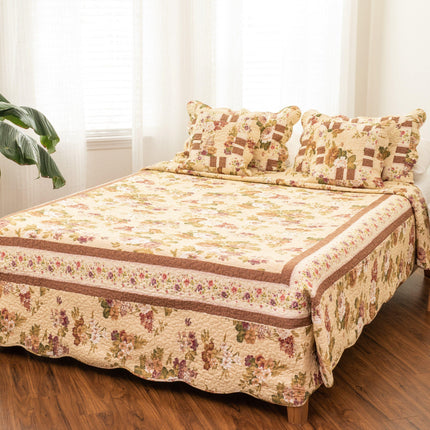 DaDa Bedding Vintage Cottage Rose Garden Floral Ivory Yellow Cotton Scalloped Quilted Bedspread Set (DXJ103478)