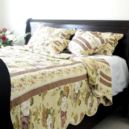 DaDa Bedding Vintage Cottage Rose Garden Floral Ivory Yellow Cotton Scalloped Quilted Bedspread Set (DXJ103478)