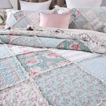 DaDa Bedding Hint of Mint Floral Pastel Cotton Patchwork Ruffle Bedspread Set (JHW-3036)
