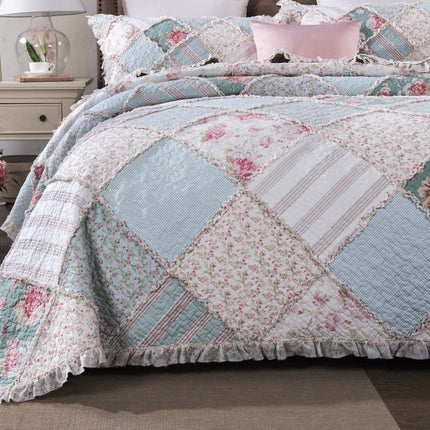 DaDa Bedding Hint of Mint Floral Pastel Cotton Patchwork Ruffle Bedspread Set (JHW-3036)