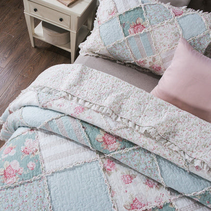 DaDa Bedding Hint of Mint Floral Pastel Cotton Patchwork Ruffle Bedspread Set (JHW-3036)