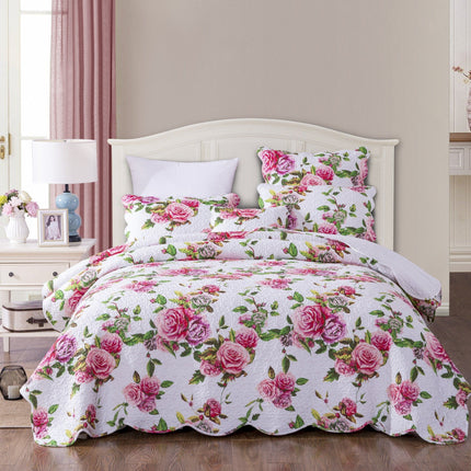 DaDa Bedding Romantic Roses Lovely Spring Pink Floral Quilted Scalloped Bedspread Set (JHW879)
