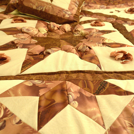 DaDa Bedding Diamond of Night Brown Beige Floral Stars Ruffles Comforter Set (BM915L)