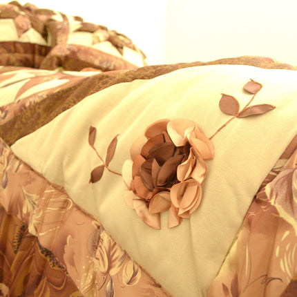 DaDa Bedding Diamond of Night Brown Beige Floral Stars Ruffles Comforter Set (BM915L)