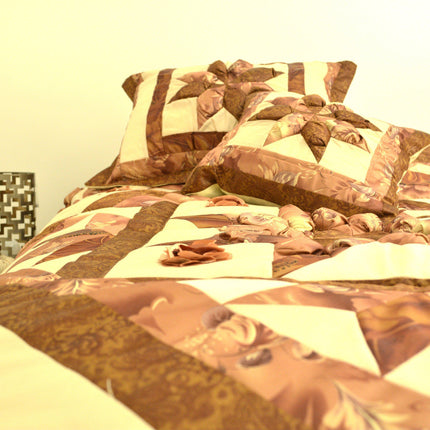 DaDa Bedding Diamond of Night Brown Beige Floral Stars Ruffles Comforter Set (BM915L)