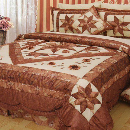 DaDa Bedding Diamond of Night Brown Beige Floral Stars Ruffles Comforter Set (BM915L)