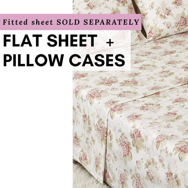 DaDa Bedding Hint of Mint Dainty Cottage Floral Roses Cotton Flat Sheet Only w/ Pillow Case (3036)